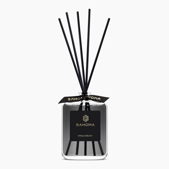100ml-fragranced-diffuser-obsidian-collection-with-black-liquid-black-label-with-gold-foiled-branding-with-black-ribbon-with-gold-branded-puff-print-and-black-reeds-fragrance-vanilla-black