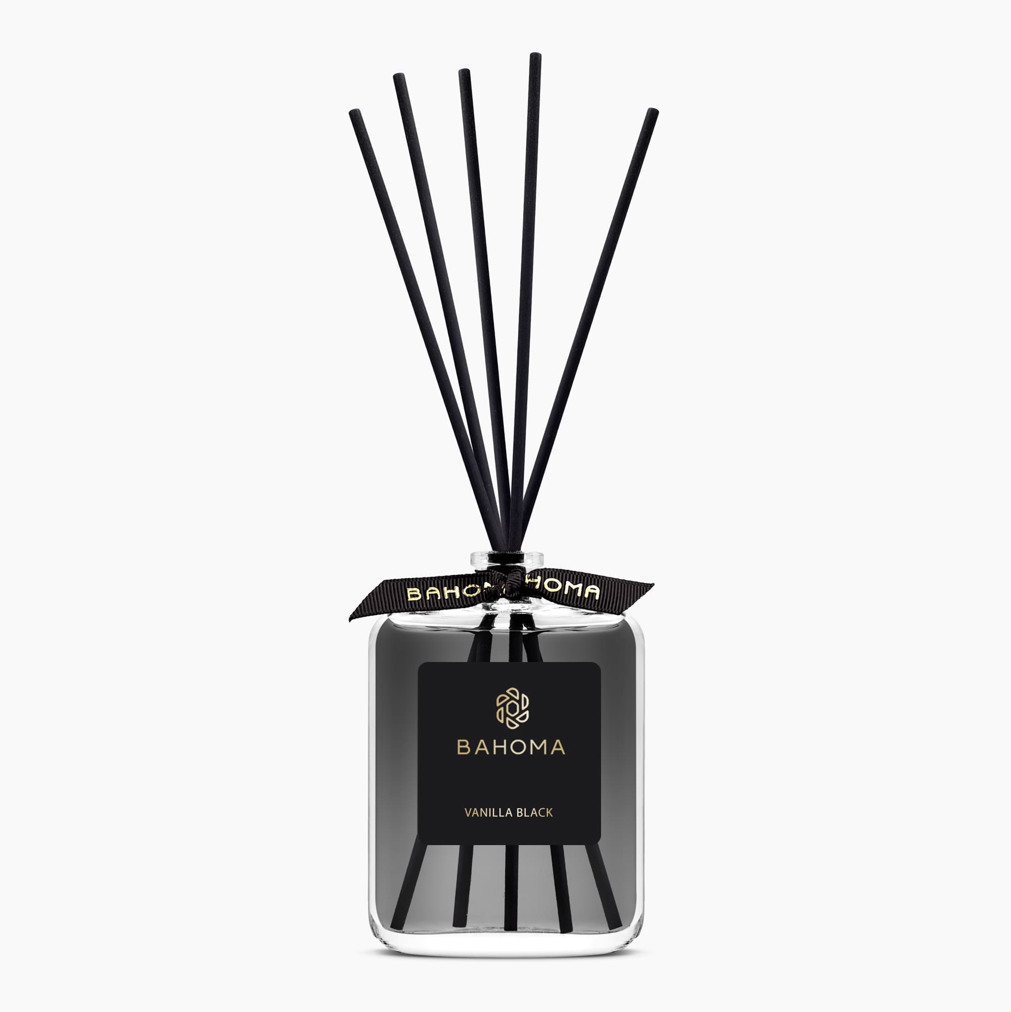 100ml-fragranced-diffuser-obsidian-collection-with-black-liquid-black-label-with-gold-foiled-branding-with-black-ribbon-with-gold-branded-puff-print-and-black-reeds-fragrance-vanilla-black