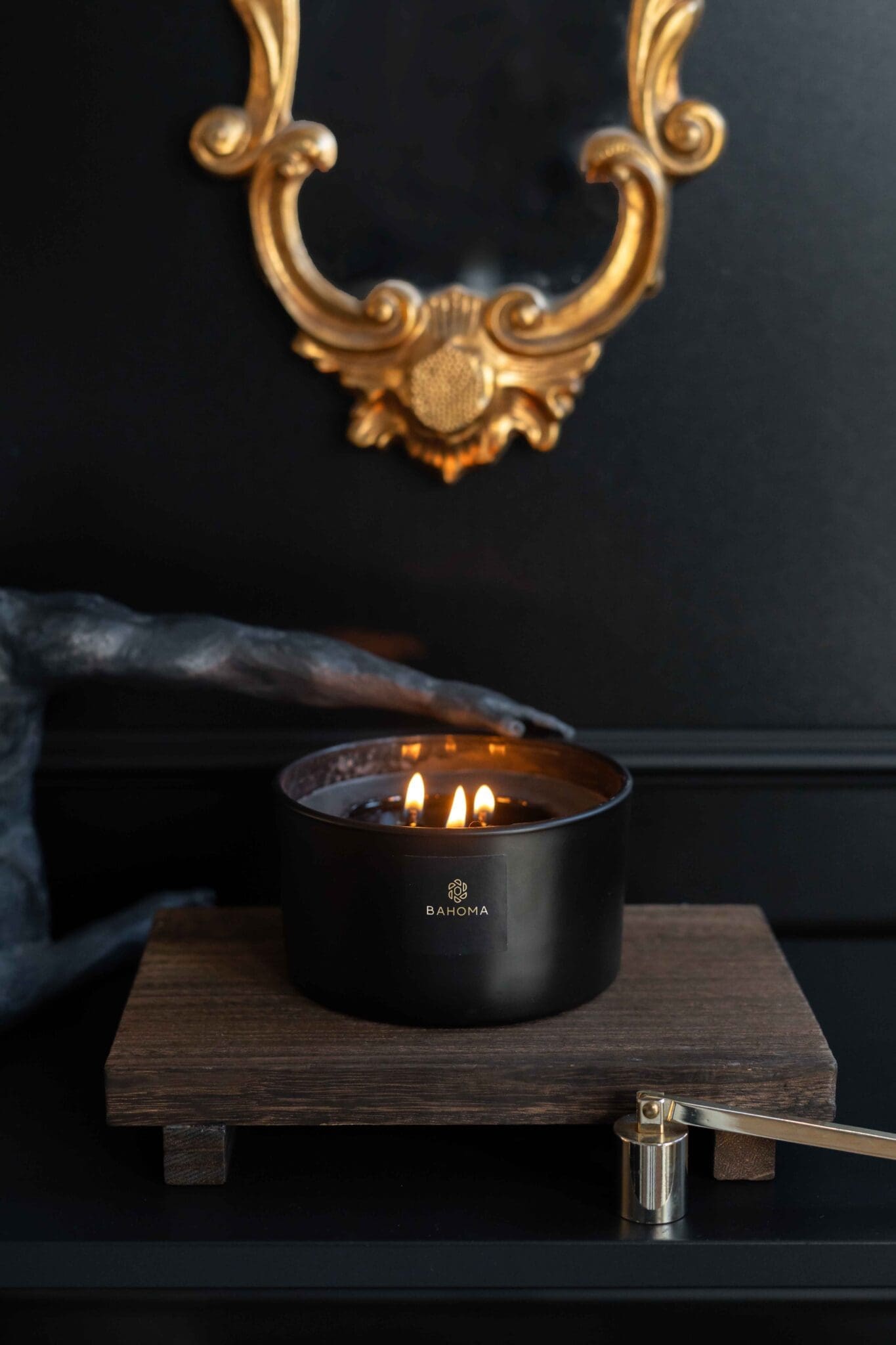 Fragranced-3-Wick-Candle-Obsidian-collection-black-vessel-black-wax-lit-up-striking-image