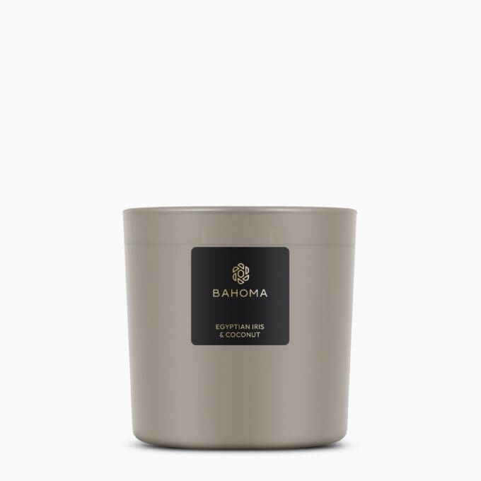 Luxury XL Scented Candle-product-picture-egyptian-iris-and-cocount-mocca-transluscent-vessel-mocca-wax-black-label-gold-branding