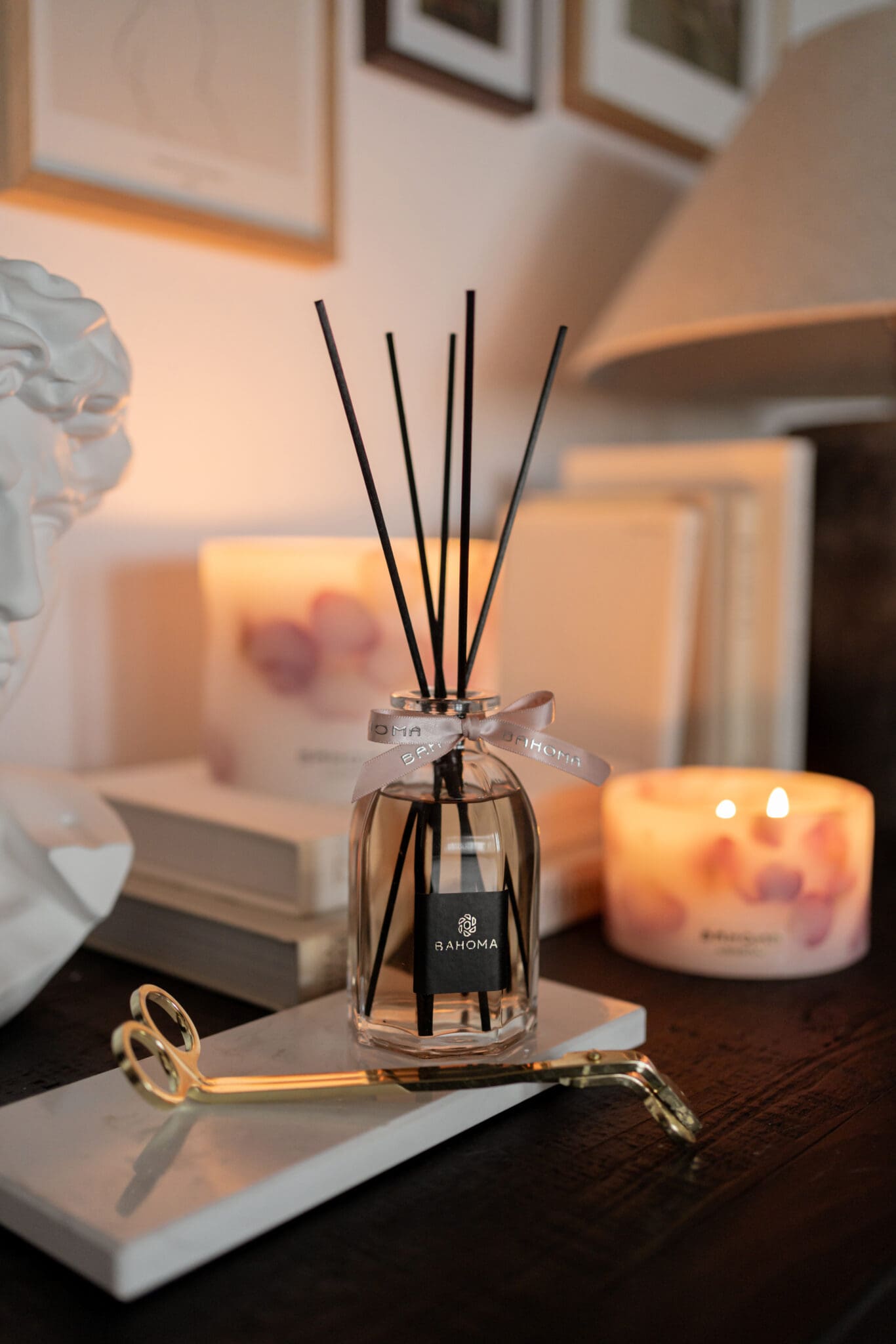 Velvet Rose -100ml Fragranced Octagonal Diffuser on a marble tray with botanical candles in the background