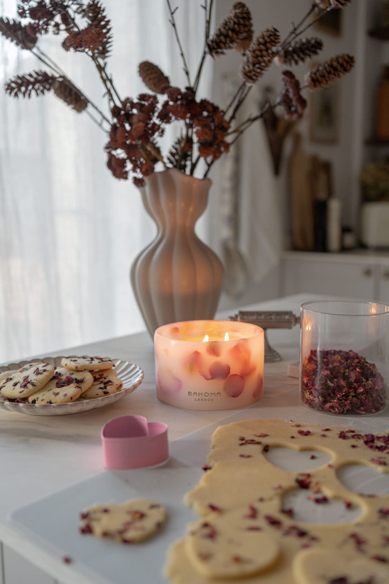 Lit up Velvet Rose - Small Pillar Candle made with real rose petals with Valentine's cookies