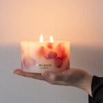 Lit up Velvet Rose - Small Pillar Candle made with real rose petals held in hand