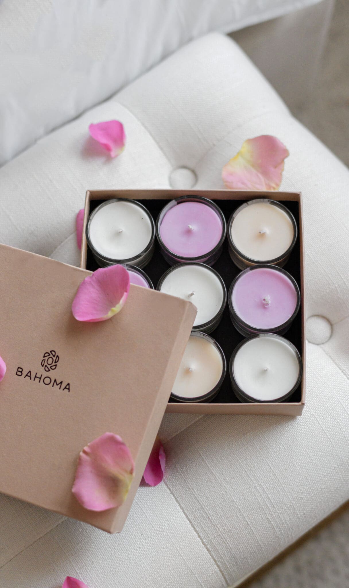 Velvet Rose - Nine Lights Candle Set with travel candles, open box, rose petals