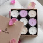 Velvet Rose - Nine Lights Candle Set with travel candles, open box, rose petals