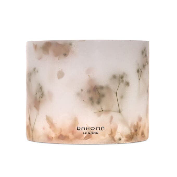 Cherry Blossom Scented Grand Pillar Candle from the Botanical Collection with real cherry blossom petals embedded in the wax.