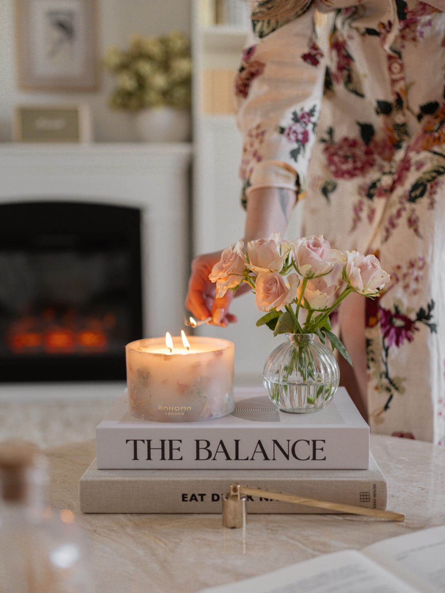 Cherry Blossom Scented Small Pillar Candle in a bright, airy room setting.