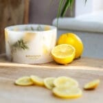 Close up of Amalfi Coast Scented Small Pillar Candle showing white wax texture.