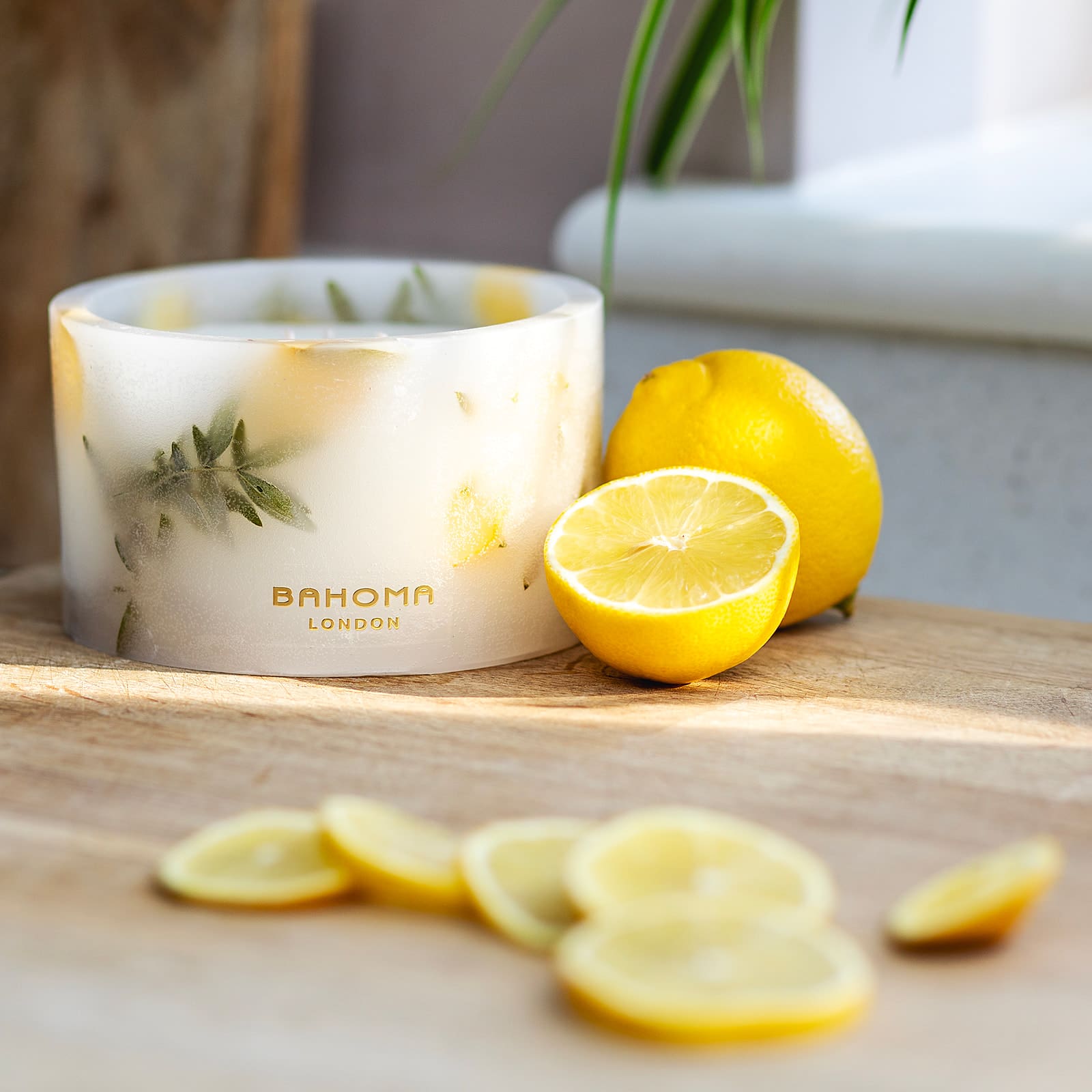 Close up of Amalfi Coast Scented Small Pillar Candle showing white wax texture.