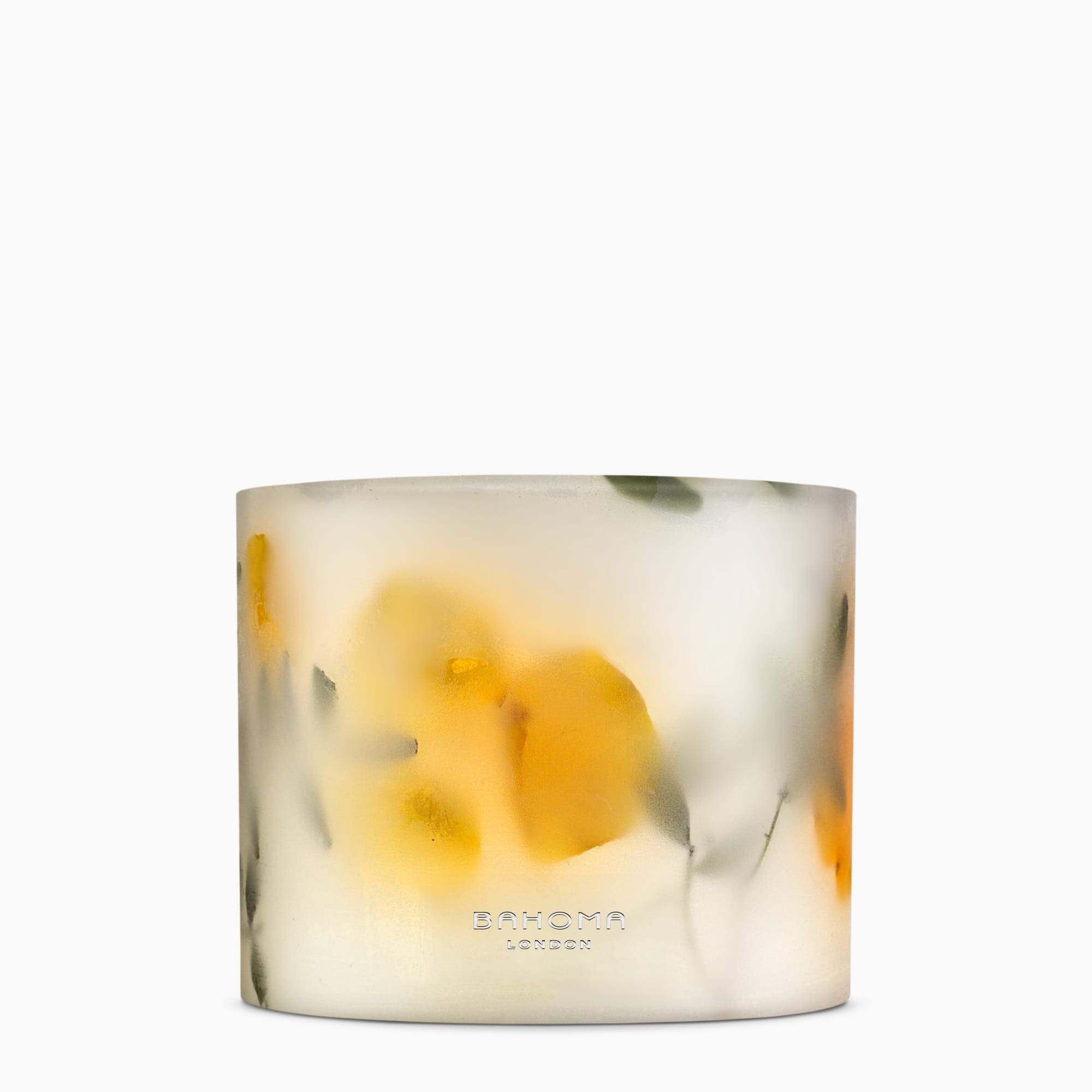 Amalfi Coast Scented Grand Pillar Candle from the Bahoma Botanical Collection in white wax. Product picture.