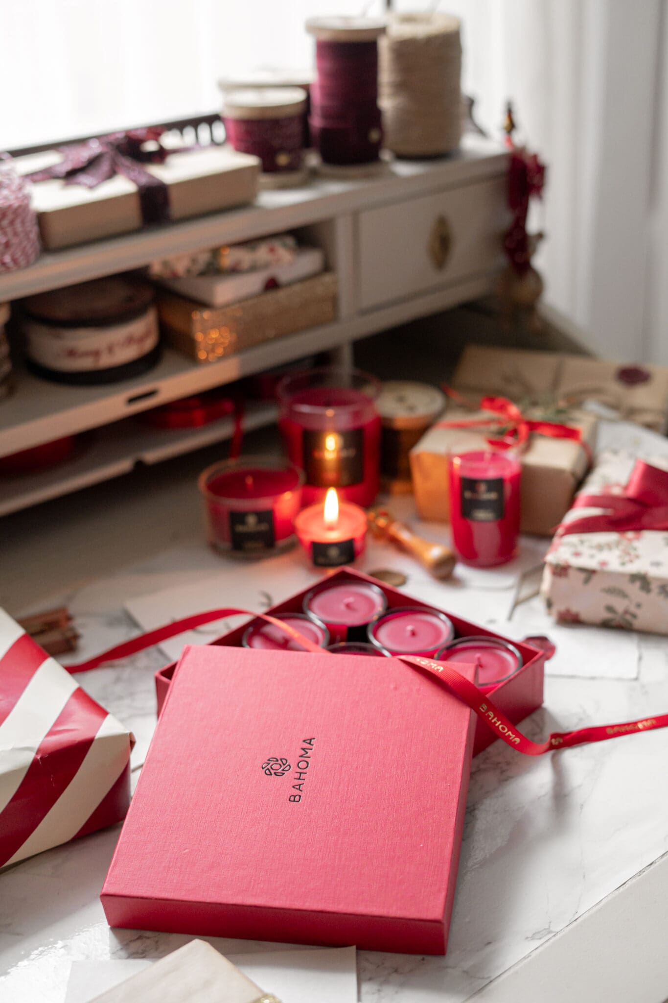 Red Christmas Large Fragrance Candle in Festive setting